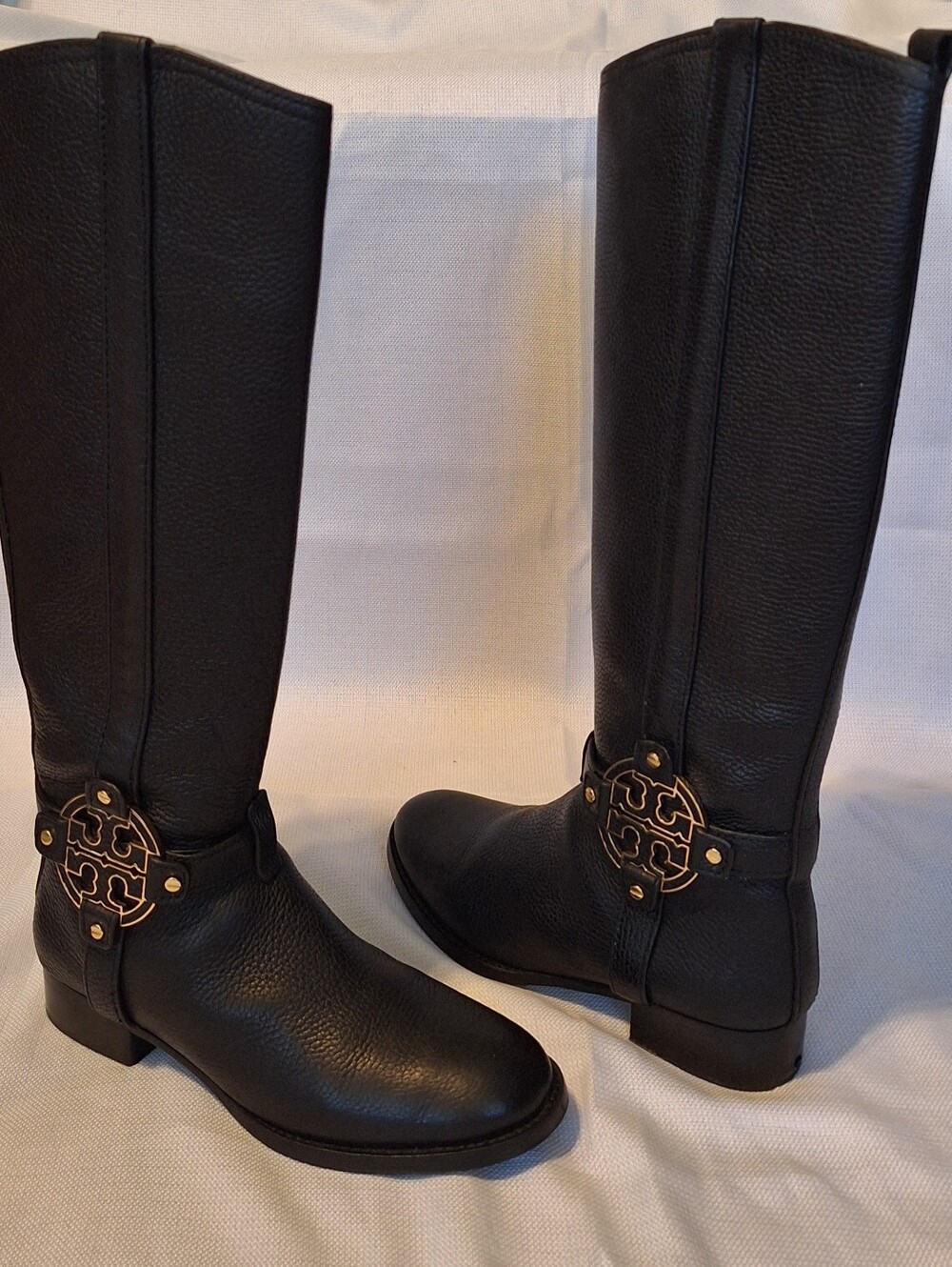 Tory Burch Amanda Tall Riding Boots  Black Leather Logo Zip Round Toe US 7M